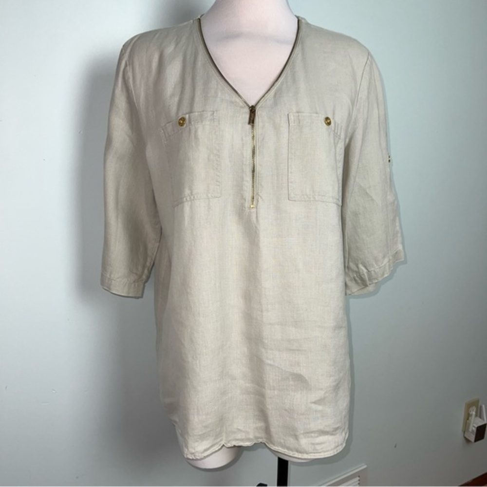 Company Ellen Tracy Linen Blouse Women’s Large Sand Zip Front Roll Sleeve Top
